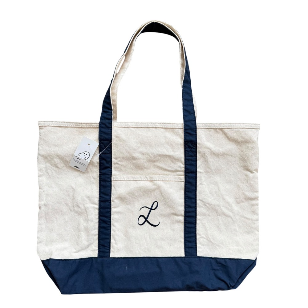 Dalix Navy Blue Cream Canvas Tote Bag Initial L Embroidered Zipper NEW